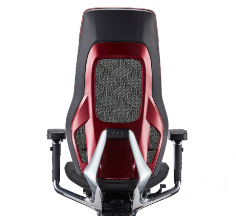 Back view of office chair in black and red color